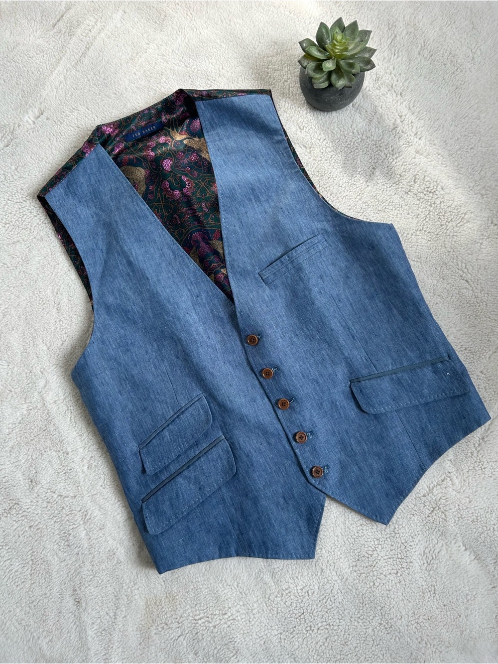 Ted Baker London Blue Linen Men's Dress Vest with Paisley Lining 40R (Medium)